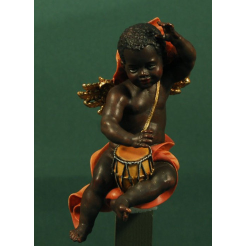 Black angel with drum to hang  15 cm painted wood