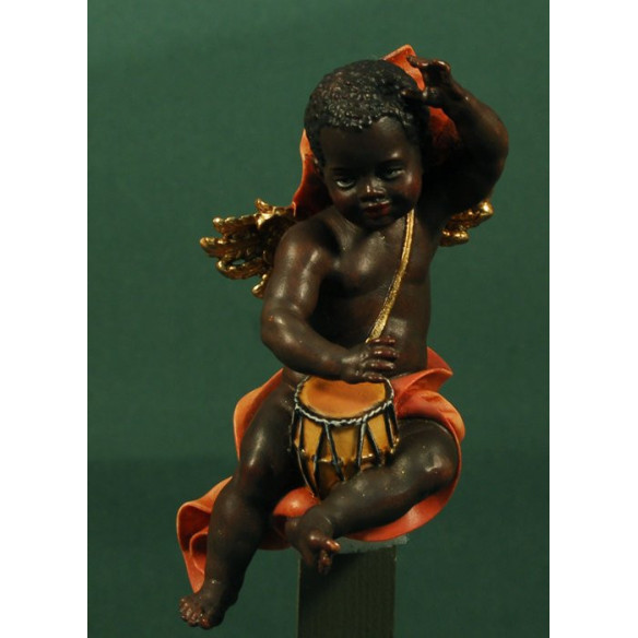 Black angel with drum to hang  15 cm painted wood