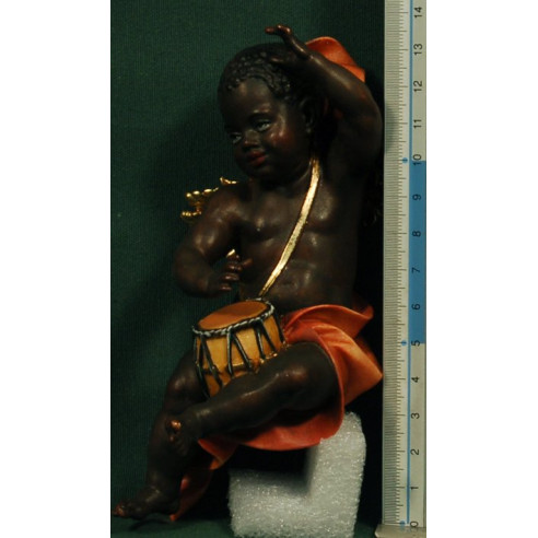 Black angel with drum to hang  15 cm painted wood