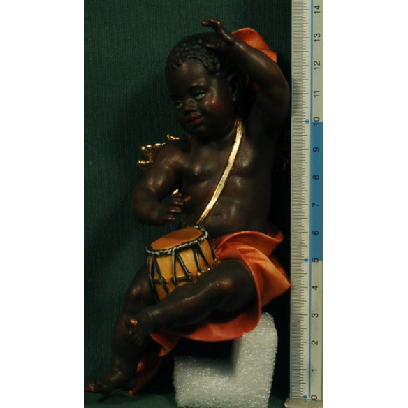 Black angel with drum to hang  15 cm painted wood