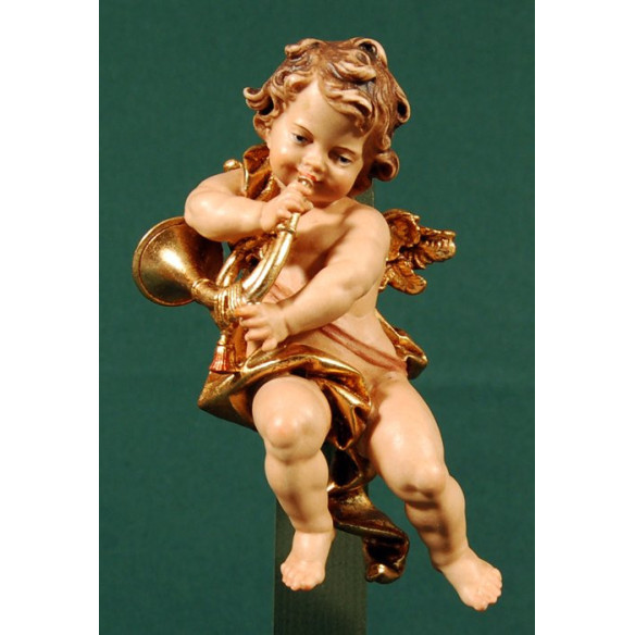 Angel musician with horn to hang  15 cm painted wood
