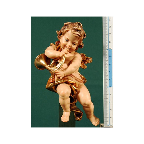 Angel musician with horn to hang  15 cm painted wood