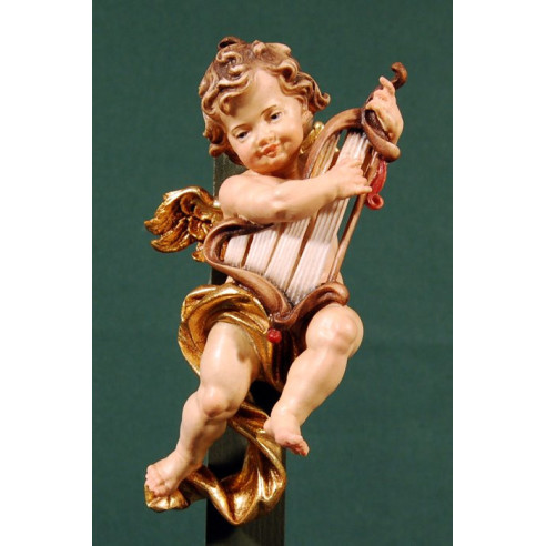 Angel musician with harp to hang  15 cm painted wood
