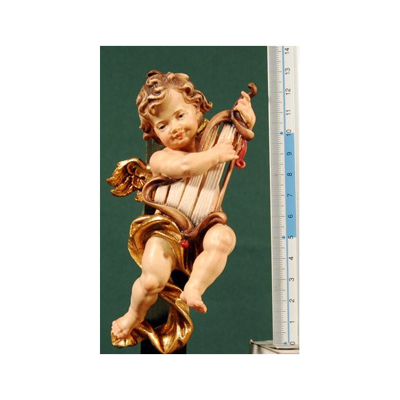 Putto musicista con arpa appesi 15 cm legno depinto